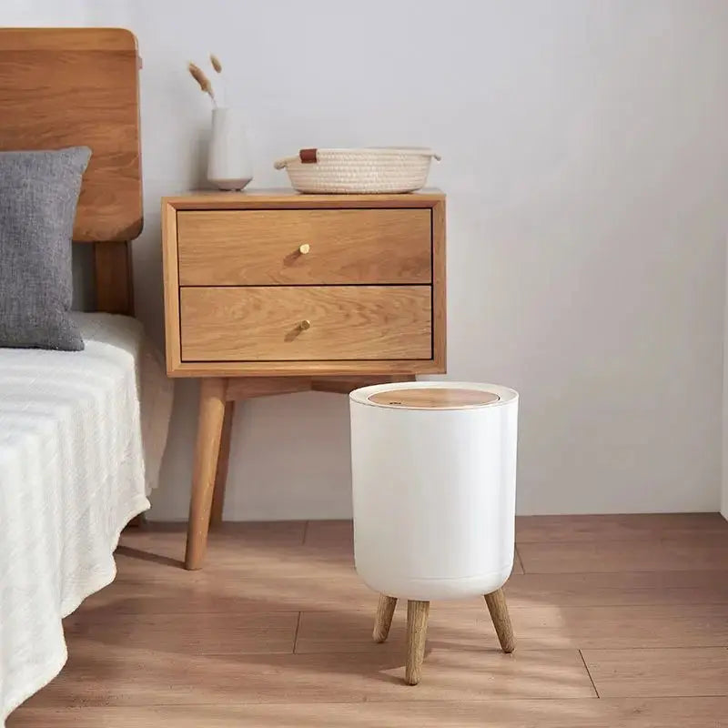 7L Round Imitation Wood Grain Trash Can Press Type Garbage Can Nordic Waste Basket With Legs Plastic Trash Bin for Living Room