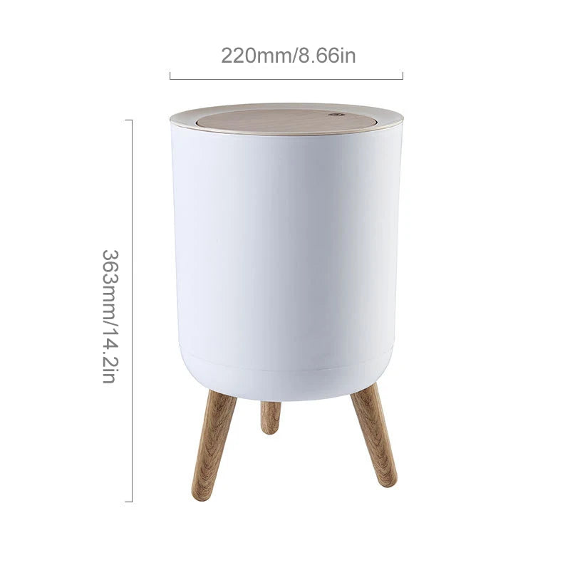 7L Round Imitation Wood Grain Trash Can Press Type Garbage Can Nordic Waste Basket With Legs Plastic Trash Bin for Living Room