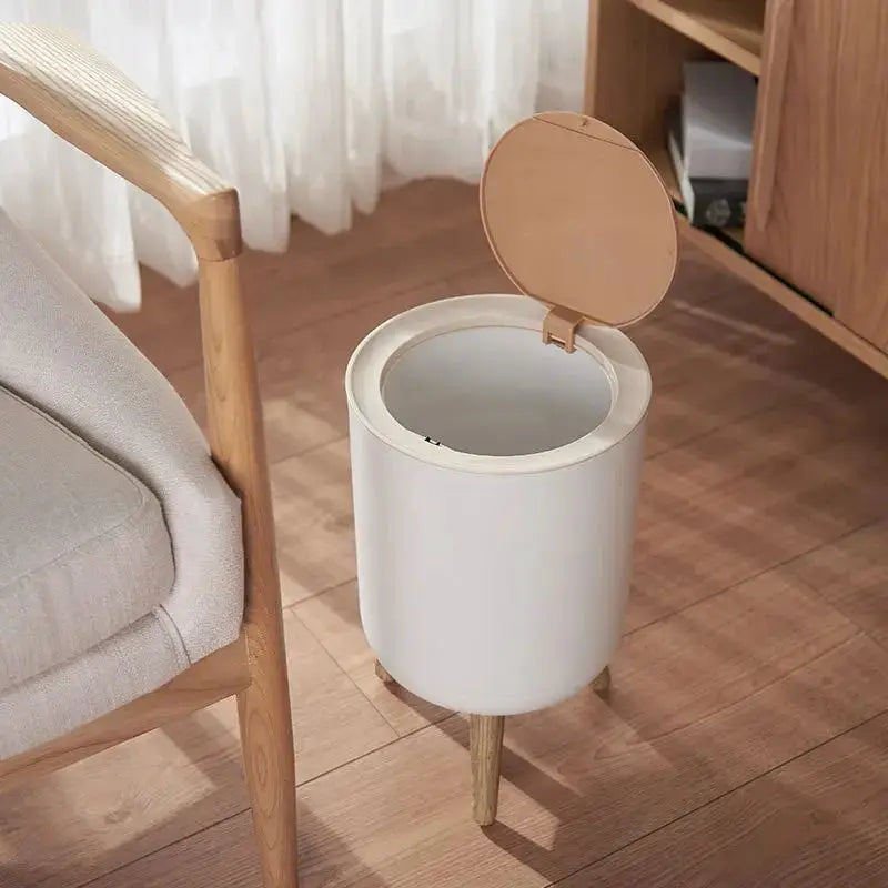 7L Round Imitation Wood Grain Trash Can Press Type Garbage Can Nordic Waste Basket With Legs Plastic Trash Bin for Living Room