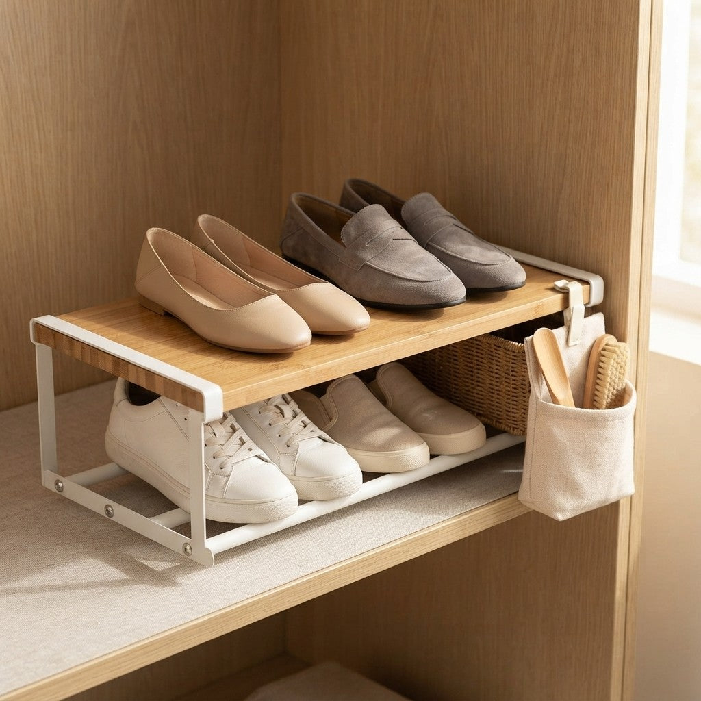 Shoe Rack | Space-Saving Layered Organizer For Home Shoe Cabinets | Under-Shelf Shoe Holder With Hanging Basket