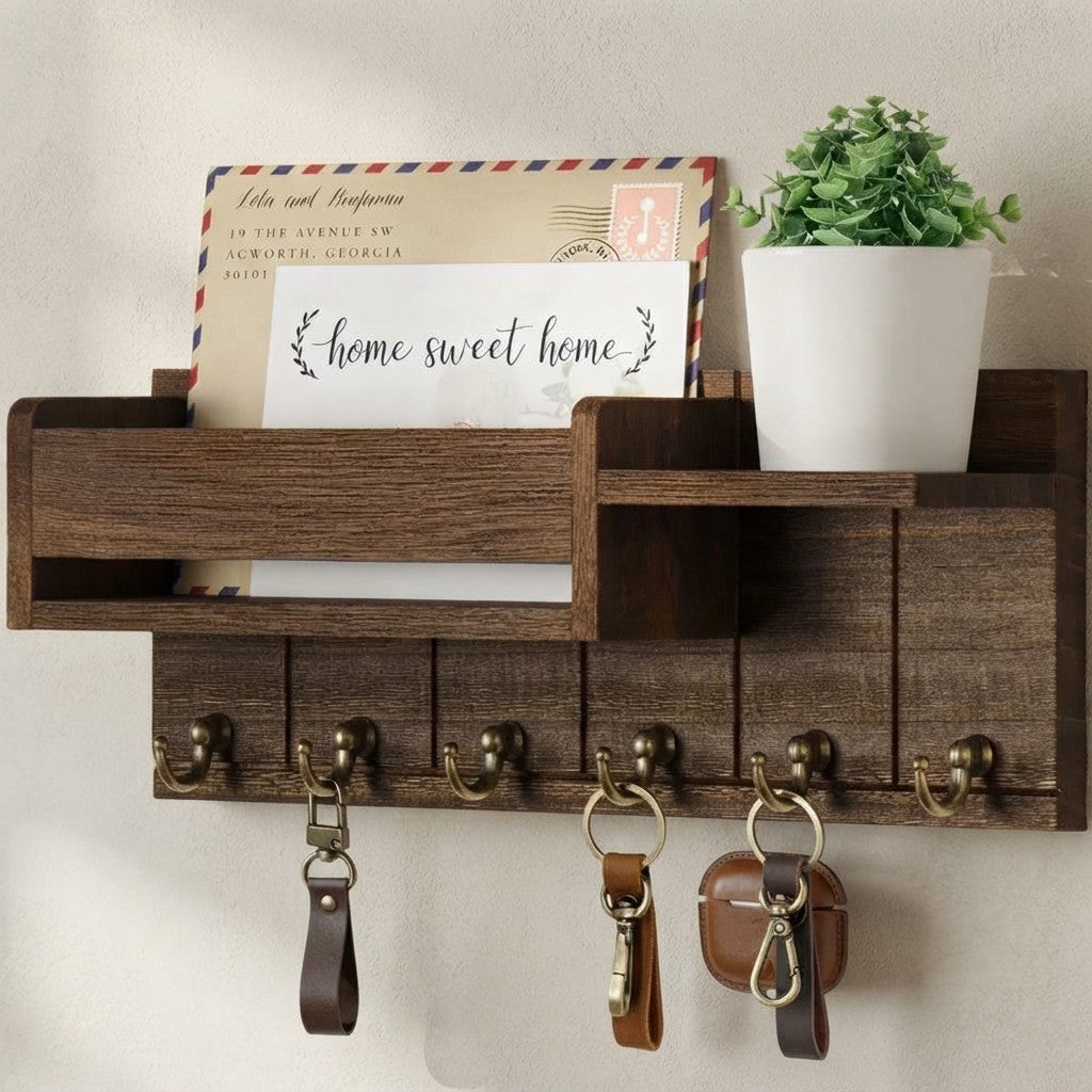 Rustic Wood Key Holder with Shelf Wall Mounted Decorative Key Rack And Mail Organizer 6 Key Hooks for Living Room Entrance