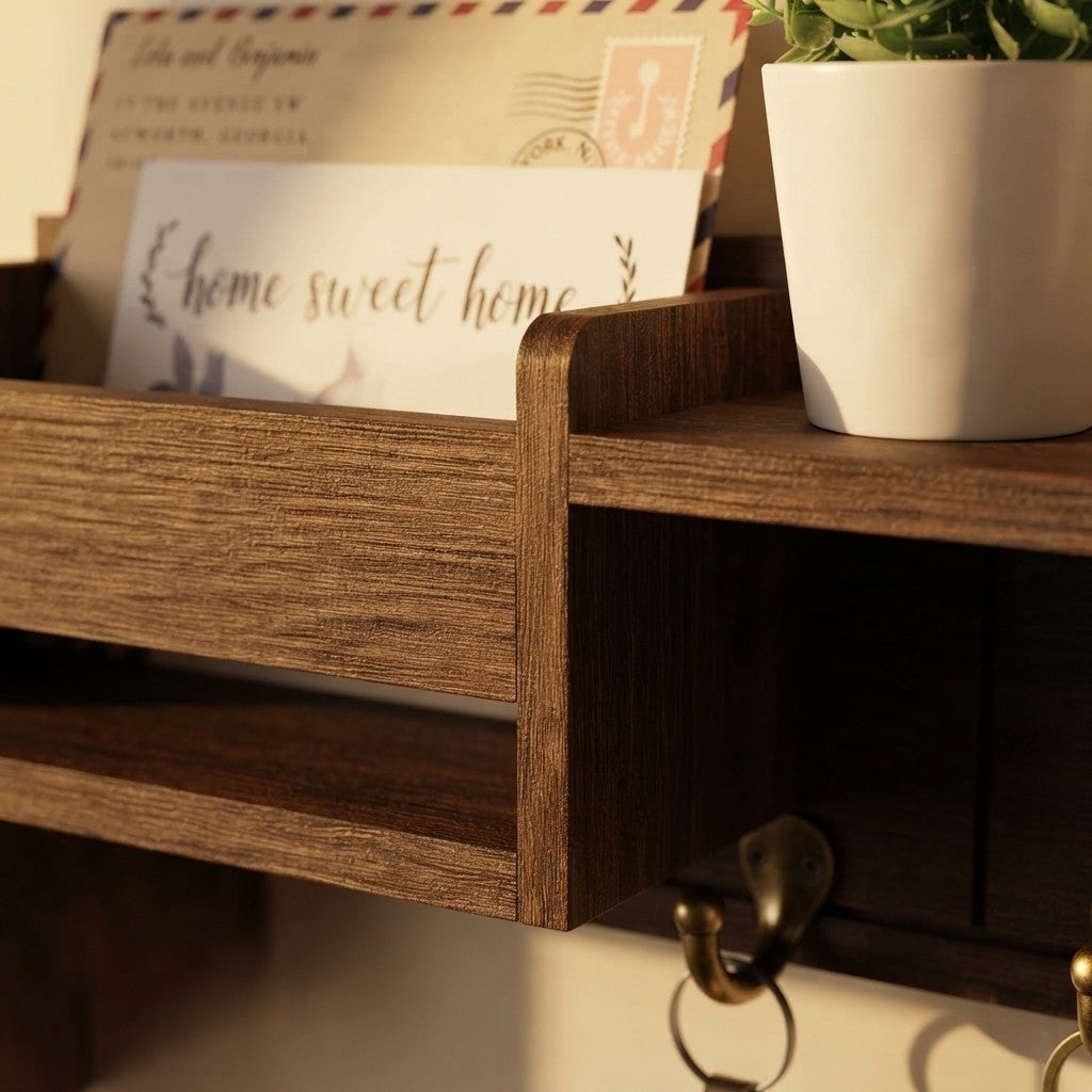 Rustic Wood Key Holder with Shelf Wall Mounted Decorative Key Rack And Mail Organizer 6 Key Hooks for Living Room Entrance
